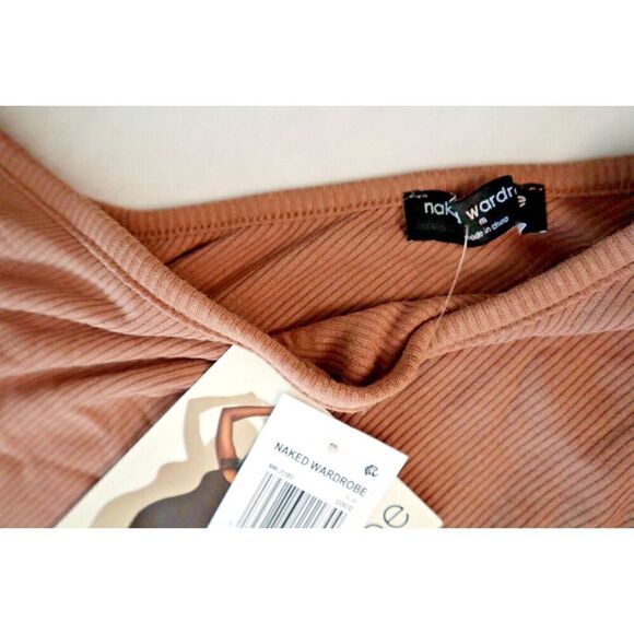 Naked Wardrobe NW-J1183 Women's Sz M Coco Brown One-Shoulder Ribbed Romper - Picture 3 of 11